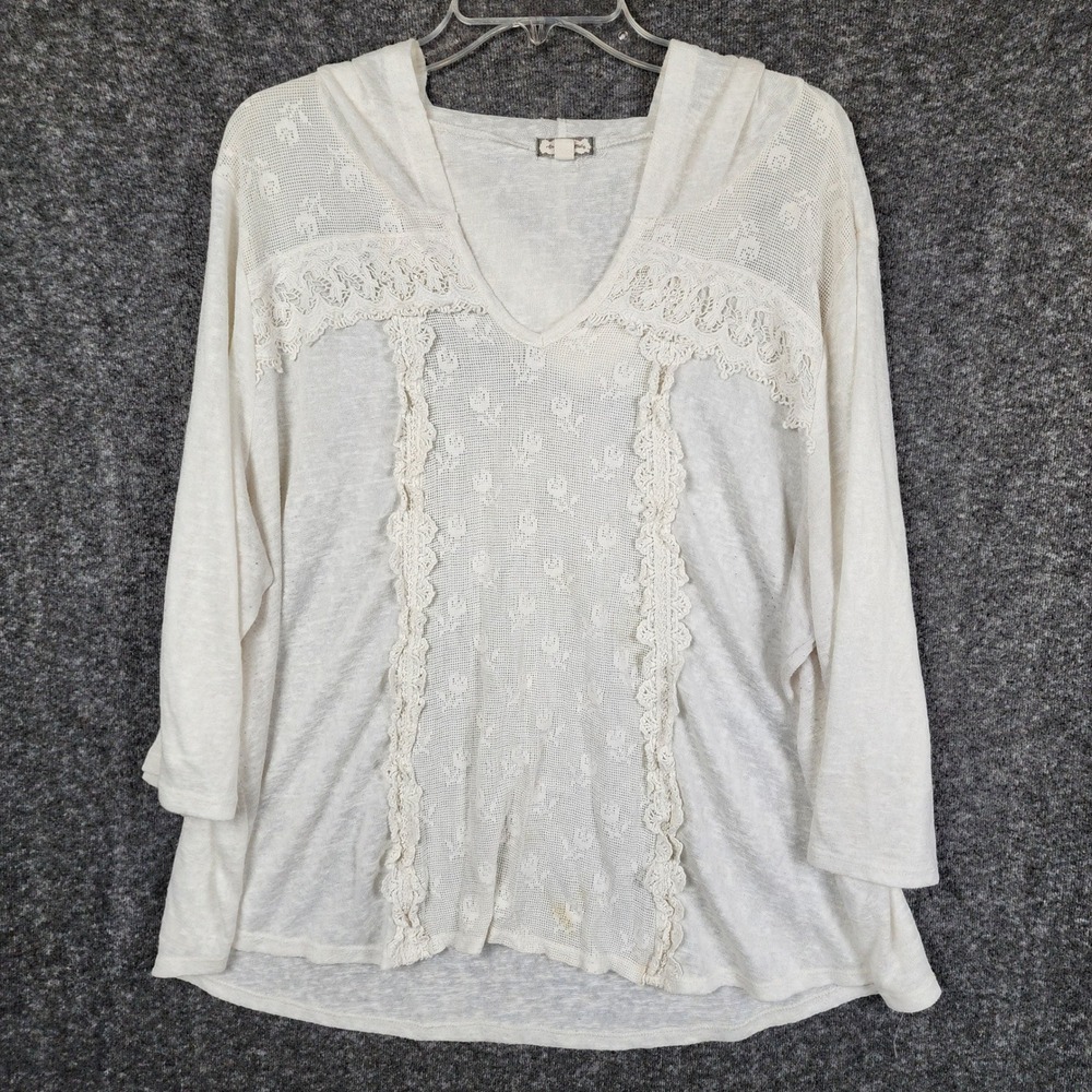 Eyeshadow Hooded Top Women 3X Cream Lace Crochet Trim Boho V-Neck 3/4 Sleeve